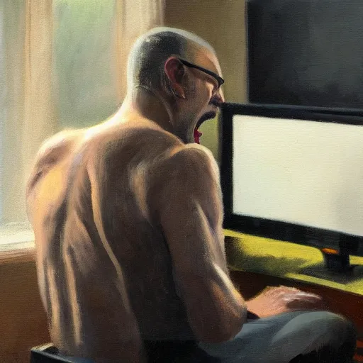 Image similar to an angry man yells at his computer monitor, oil on canvas, highly detailed, high resolution