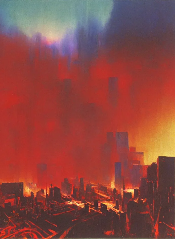 Image similar to 9 / 1 1 terror attack, red and purple palette, volume light, fog, by wayne thiebaud by ( h. r. giger ) and paul lehr