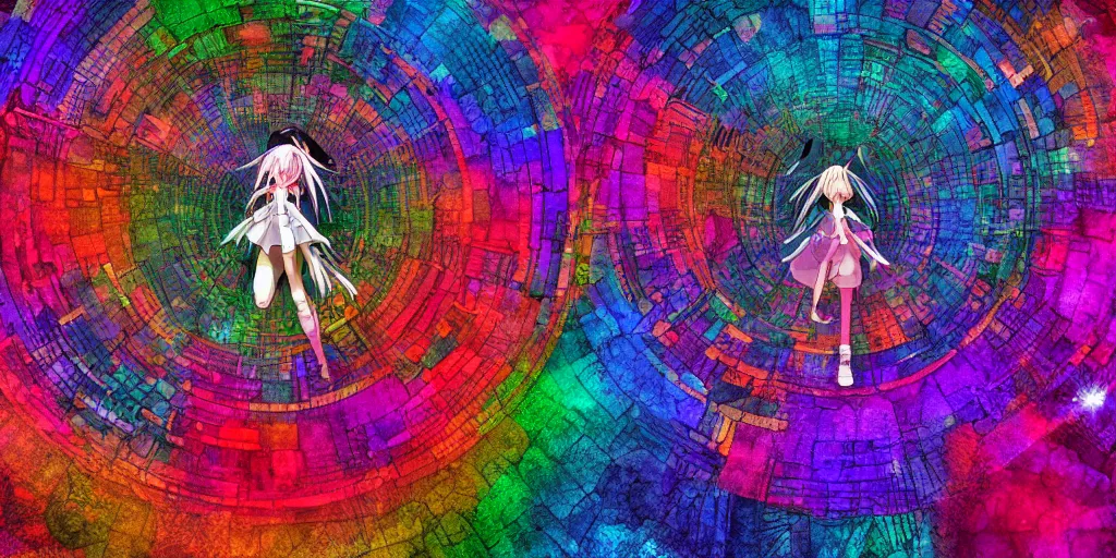 Image similar to Dreamy psychedelic anime, extremely colorful, geometric, Madoka witch labyrinth, patchwork, photoshop, HDR, 4k, 8k