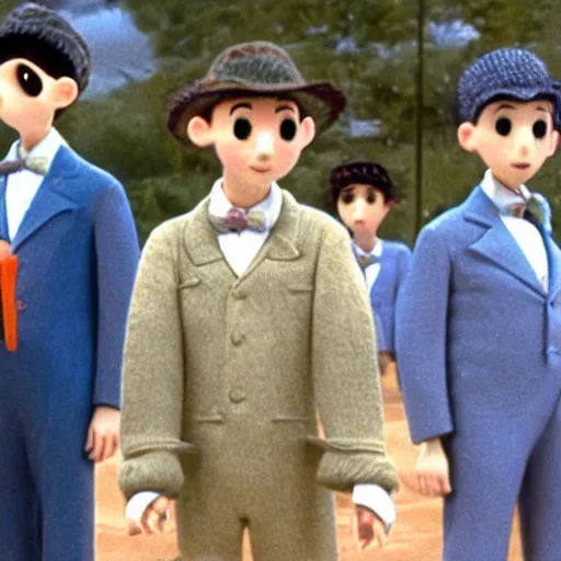 Prompt: men with pikmin heads wearing suits in james and the giant peach