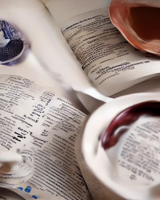 Prompt: 'a full view of a table with a magazine opened to a page with a picture of a coffee cup' clay sculpture, magazine, zoomed out, zoomed out, zoomed out