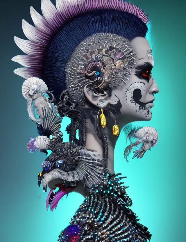 Image similar to 3 d goddess close - up profile portrait punk with mohawk with ram skull. beautiful intricately detailed japanese crow kitsune mask and clasical japanese kimono. betta fish, jellyfish phoenix, bio luminescent, plasma, ice, water, wind, creature, artwork by tooth wu and wlop and beeple and greg rutkowski