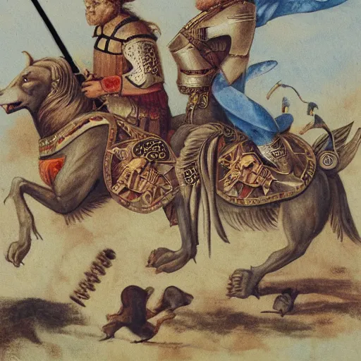 Image similar to Warrior dogs riding lions into battle, medieval weapons and armour