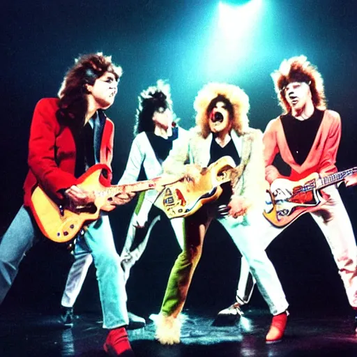 Prompt: concert photo of a rock band of cats, 80s, performing on stage