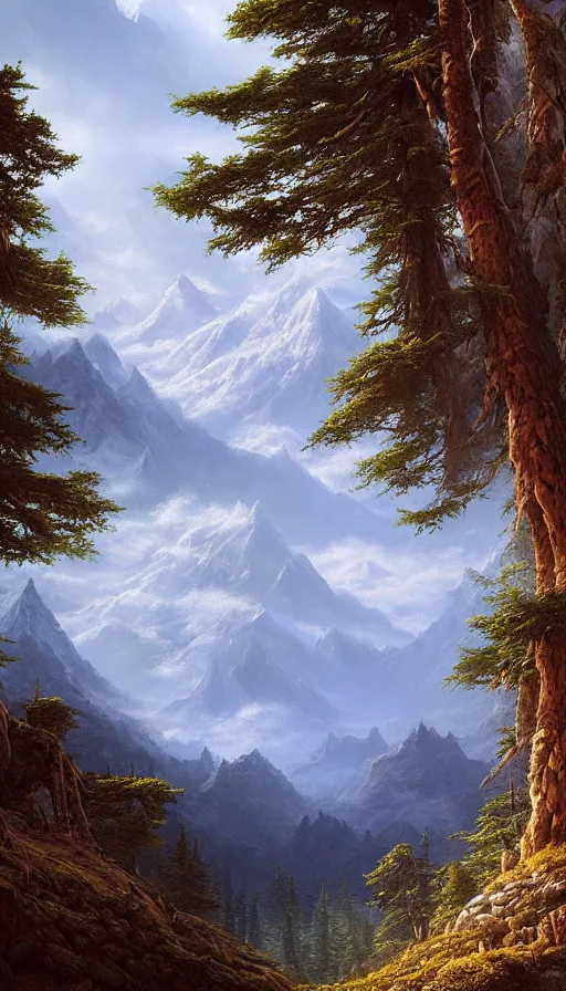 Prompt: painting of a mountains landscape with a blue lake and a dense pines forest, a detailed matte painting by christophe vacher, matte painting, ultra detailed, matte drawing