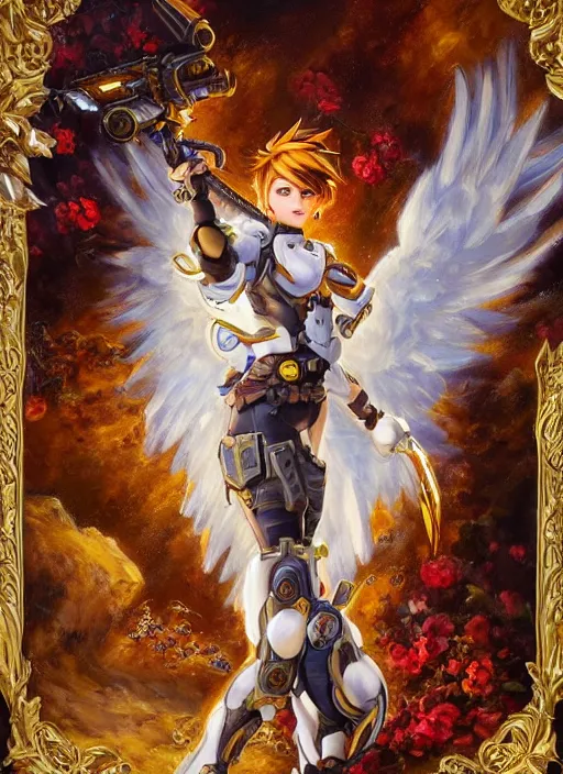 Image similar to full body oil painting of tracer overwatch in the style of sophie anderson, angel wings, angelic golden armor, dramatic painting, symmetrical composition, ornate, high detail, gold detailed collar, blooming, lights, flowers,