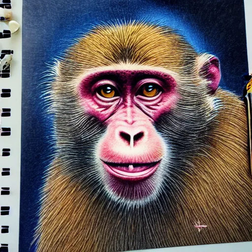 Image similar to Colored pencil art on paper, Monkey, highly detailed, artstation, MasterPiece, Award-Winning, Caran d'Ache Luminance