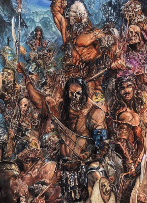Image similar to A full-color airbrushed, ultra-detailed, hyperrealistic, photorealistic, mixed media, fineliner illustration of Conan the barbarian battling skeleton warriors, by Glenn Fabry , John Buscema and Bill Sienkiewicz, trending on marvel, trending on artstation