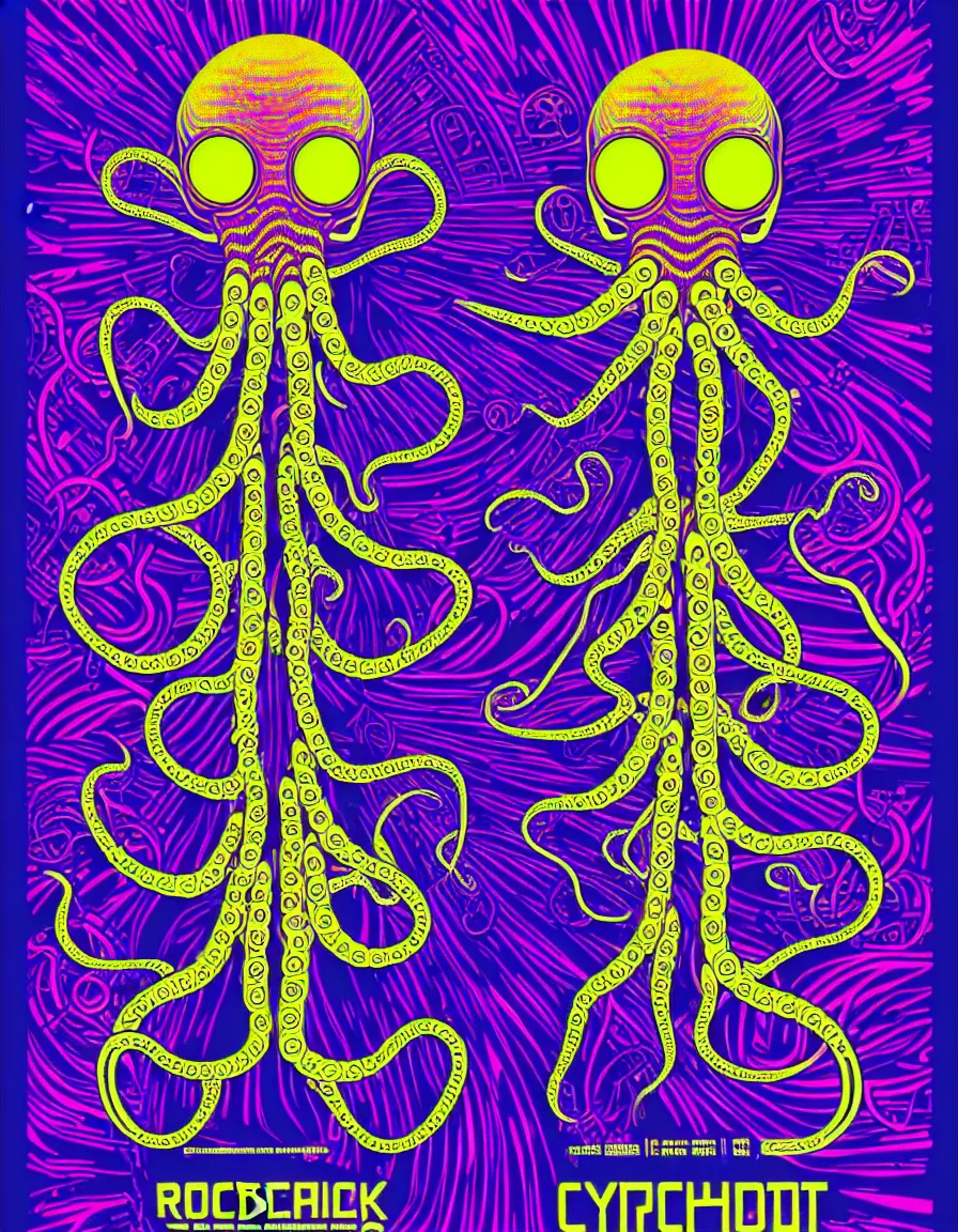 Image similar to psychedelic concert poster cyborg robotic symmetrical octopus, vector art, 8k, trending on artstation, typographic concert poster