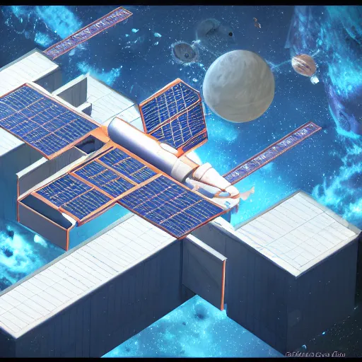 Prompt: isometric view of a science fiction space station in space, concept art, digital art