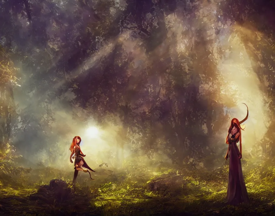 Image similar to traveling woman in magical forest, beautiful sky and sun shine, fantasy artwork, very beautiful scenery, hd, hdr, ue 5, ue 6, unreal engine 5, cinematic 4 k wallpaper, 8 k, ultra detailed, by popular digital, details, beautiful image ever created, high resolution, artstation, award winning, detailed body, details face, realistic body proportions