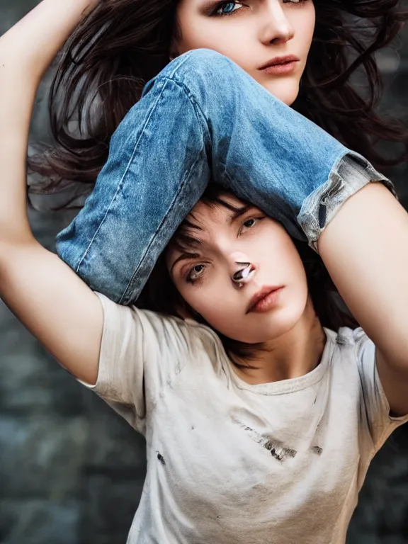 Image similar to hyperdetailed photo of a beautiful ukrainian girl with brown eyes and dark bob hairstyle, winds of winter, with plain jeans and t - shirt