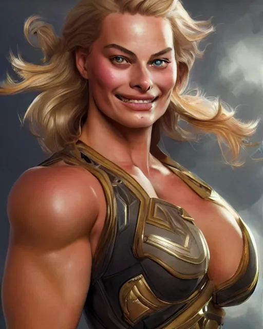 Prompt: full figure ultra realistic illustration, margot robbie as thick female bodybuilder knight zarya from overwatch smiling with closed eyes, intricate, elegant, highly detailed, digital painting, artstation, concept art, smooth, sharp focus, illustration, art by artgerm and greg rutkowski and alphonse mucha