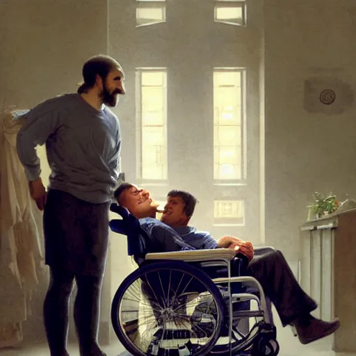 Image similar to a male patient in a wheelchair in the hospital with his wife and son standing by. happy, cheerful, smiling, intricate, face enhance, sharp focus, cinematic lighting, featured in artistation, 8 k, art by greg rutkowski, william adolphe bouguereau