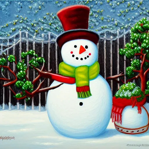 Image similar to a painting of a snowman holding a hedge in front of a fence, a detailed painting by Ilya Ostroukhov, deviantart, naive art, detailed painting, storybook illustration, made of beads and yarn