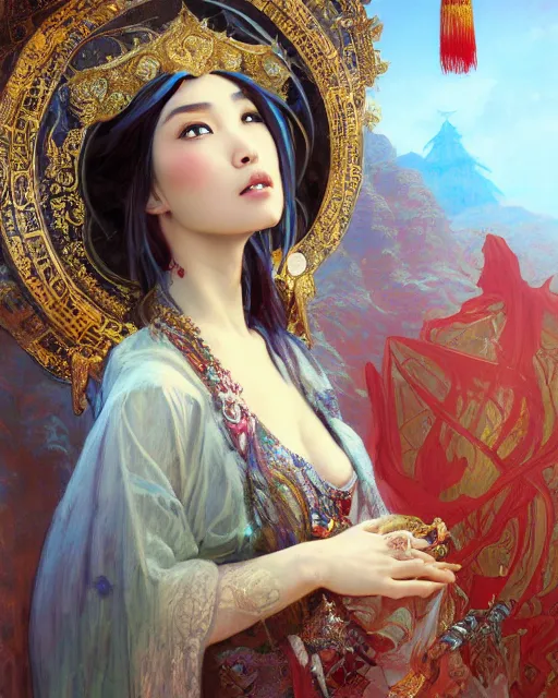 Image similar to a beautiful intricate exquisite imaginative exciting northern close up portrait of an asian sorceress sitting with elegant looks, flowing robe, ornate and flowing, intricate and soft by ruan jia, tom bagshaw, alphonse mucha, krenz cushart, beautiful chinese architectural ruins in the background, epic sky, vray render, artstation, deviantart, pinterest, 5 0 0 px models