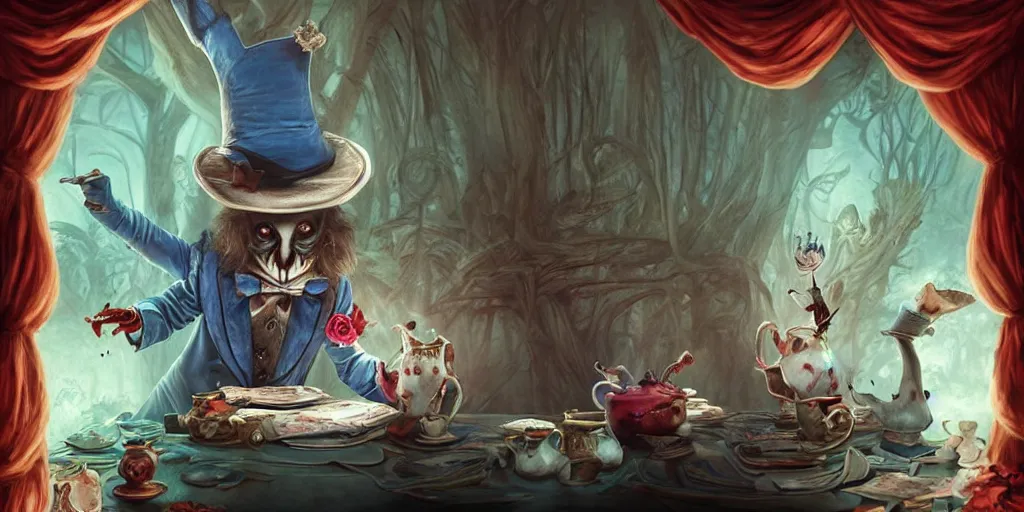 Image similar to Alice in wonderland, horror style, wide angle, super highly detailed, professional digital painting, artstation, concept art, smooth, sharp focus, no blur, no dof, extreme illustration, Unreal Engine 5, Photorealism, HD quality, 8k resolution, cinema 4d, 3D, beautiful, cinematic, art by artgerm and greg rutkowski and alphonse mucha and loish and WLOP