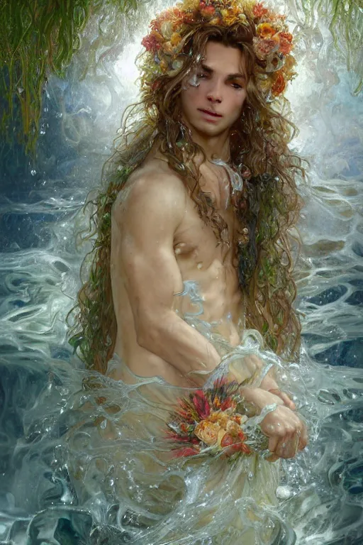 Prompt: portrait male anthro lion character wearing a white cloak, holding a bouquet of flowing flowers, water drenched body, wet dripping hair, emerging from the water, fantasy, regal, fractal crystal, fractal gems, by stanley artgerm lau, thomas kindkade, alphonse mucha, loish, norman rockwell