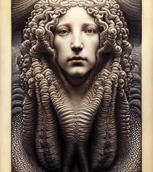 Image similar to detailed realistic beautiful cloud goddess face portrait by jean delville, gustave dore, iris van herpen and marco mazzoni, art forms of nature by ernst haeckel, art nouveau, symbolist, visionary, gothic, neo - gothic, pre - raphaelite, fractal lace, intricate alien botanicals, ai biodiversity, surreality, hyperdetailed ultrasharp octane render