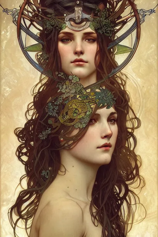 Image similar to realistic detailed portrait of a very beautiful warrior queen by alphonse mucha, charlie bowater, cyberpunk! style, mechanical accents!, flowing wires with leaves, rich deep moody colors