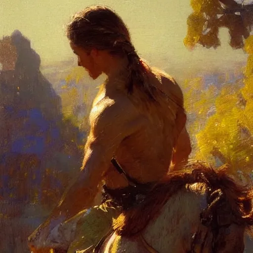 Image similar to a man with a pony tail haircut, painting by Gaston Bussiere, Craig Mullins