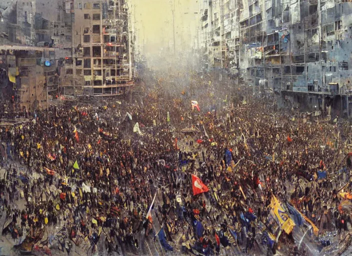 Prompt: people protesting in a dystopian santiago de chile by john berkey