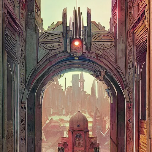 Prompt: immense art deco archway leading into byzantine arcology with studio ghibli wooden homeless medieval Hong Kong built into it, science fiction concept art by greg rutkowski and wayne barlowe and alphonse mucha
