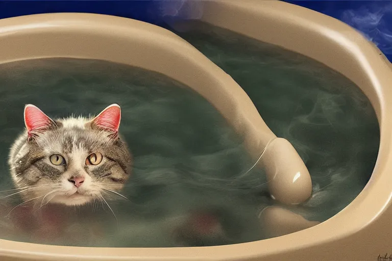 Prompt: a smug cat in a hot tub, digital art