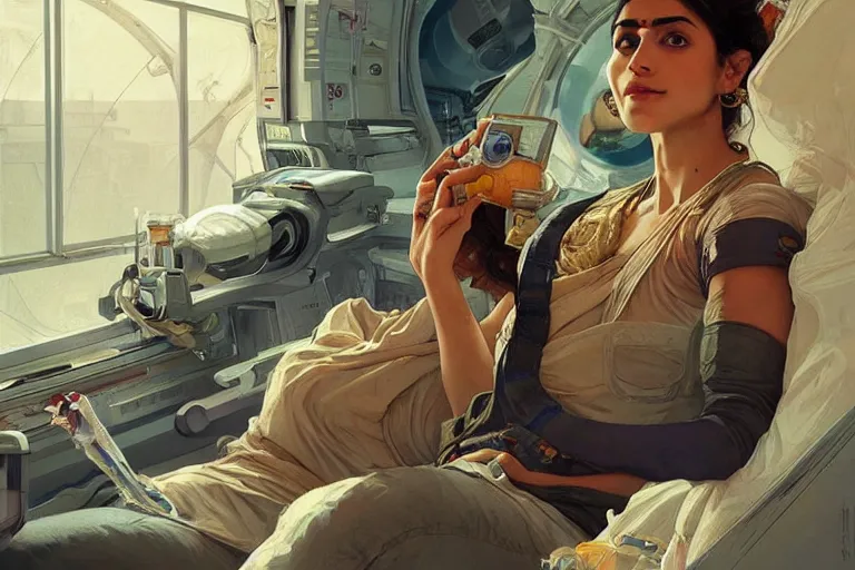 Image similar to Exhausted good looking pale young Indian doctors wearing jeans in a space station above Earth performing surgery, portrait, elegant, intricate, digital painting, artstation, concept art, smooth, sharp focus, illustration, art by artgerm and greg rutkowski and alphonse mucha