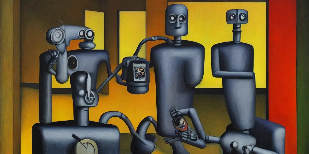 Image similar to devious robot with shifty eyes portrait, lowbrow, pj crook, grant wood, edward hopper, oil on canvas