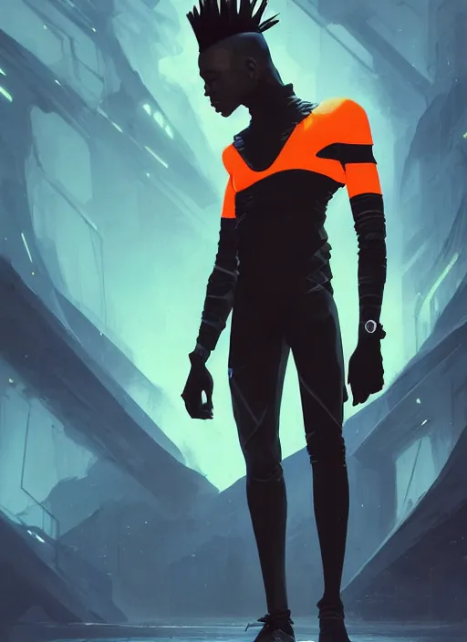 Image similar to full body portrait of thin fit black man with mohawk, futuristic techwear, highly detailed clothing, angular jawline, masculine, cinematic digital painting, artstation, dramatic concept art, smooth, sharp focus, electric orange highlight, fantasy art by greg rutkowski, loish, rhads, ferdinand knab, makoto shinkai, ilya kuvshinov, rossdraws