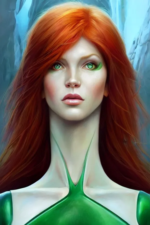 Image similar to Redhead alien human beautiful hybrid feminine woman with stunning green eyes, very in shape, round face and a roundish nose as a futuristic heroine, gorgeous digital painting, artstation, concept art, smooth, sharp focus, illustration, art by artgerm and donato giancola and Joseph Christian Leyendecker, Ross Tran, WLOP