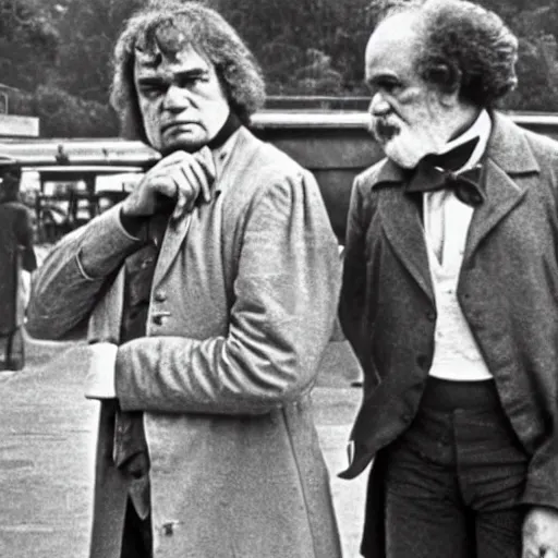 Image similar to beethoven and karl marx waiting for the train at pinaroo