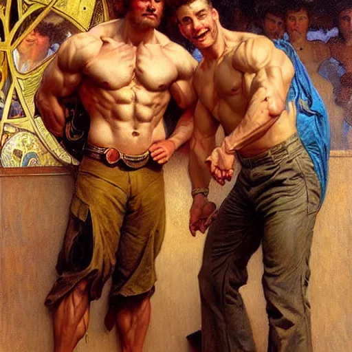 Image similar to attractive muscular bro and muscular attractive broseph, drinking their hearts out, boys night out. highly detailed painting by gaston bussiere, craig mullins, j. c. leyendecker, alphonse mucha 8 k