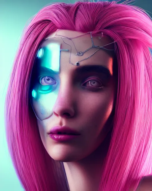 Image similar to portrait of a beautiful french woman with pink hair as a cyberpunk cyborg half robot, skin open to reveal wires and electronics, sci - fi, missing panels, intricate abstract upper body intricate artwork, concept art, octane render, deviantart, cinematic, key art, hyperrealism, iridescent accents, portrait photograph, nikon 3 5 mm, photograph by greg rutkowski