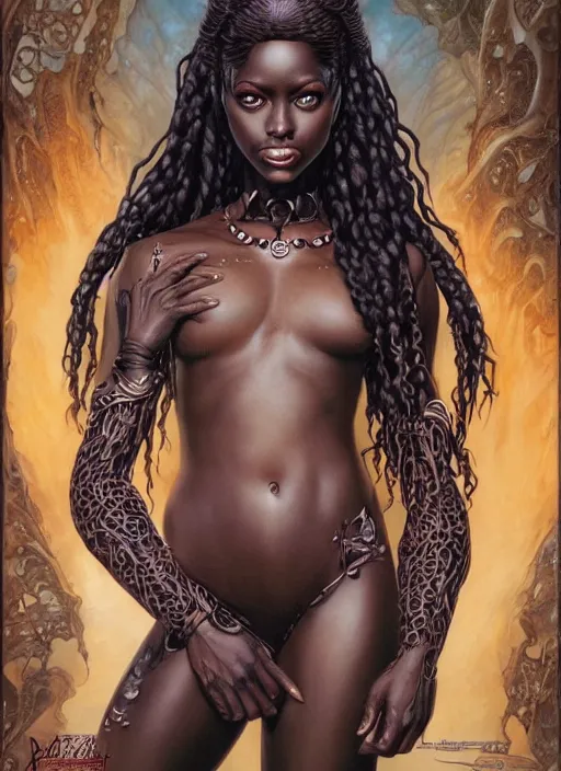 Prompt: a highly detailed symmetrical full body portrait of a sensual dark skinned female fantasy character with piercing beautiful eyes, art by artgerm and karol bak and mark brooks and donato giancola and bayard wu and gustav moreau and wayne barlowe