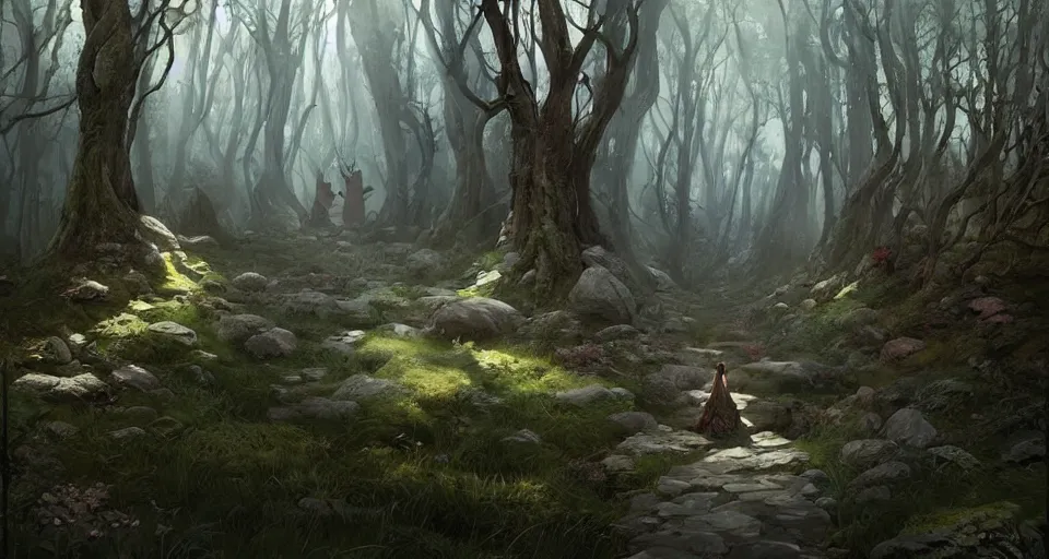 Image similar to Beautiful uplifting glade bg. Elven stone monuments along the pristine well-maintained pathway. Mysterious stone monuments. J.R.R. Tolkien's Middle-Earth. Trending on Artstation. Digital illustration. Artwork by Darek Zabrocki and Sylvain Sarrailh. Concept art, Concept Design, Illustration, Marketing Illustration, 3ds Max, Blender, Keyshot, Unreal Engine, ZBrush, 3DCoat, World Machine, SpeedTree, 3D Modelling, Digital Painting, Matte Painting, Character Design, Environment Design, Game Design, After Effects, Maya, Photoshop.