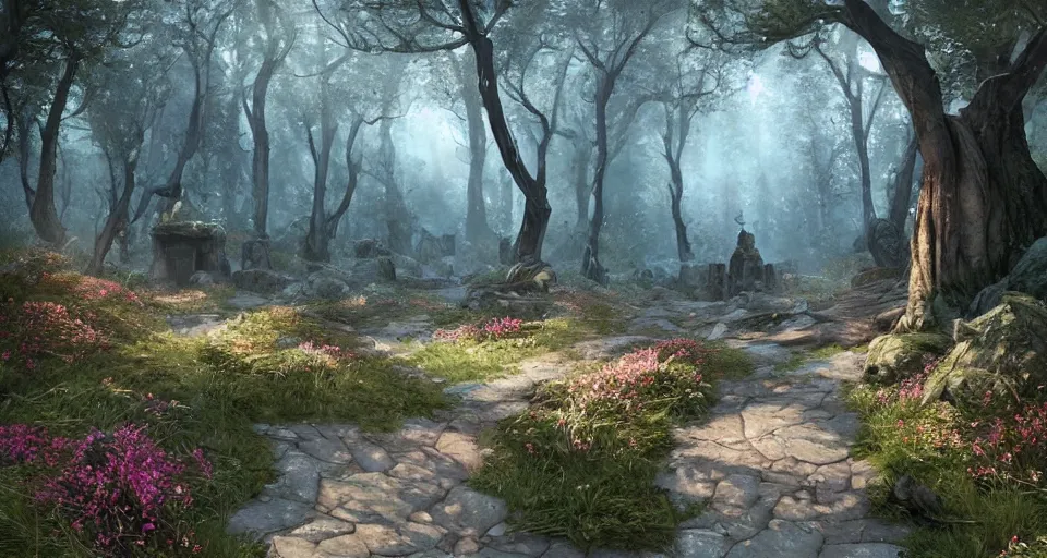 Prompt: Beautiful uplifting glade bg. Elven stone monuments along the pristine well-maintained pathway. Mysterious stone monuments. J.R.R. Tolkien's Middle-Earth. Trending on Artstation. Digital illustration. Artwork by Darek Zabrocki and Sylvain Sarrailh. Concept art, Concept Design, Illustration, Marketing Illustration, 3ds Max, Blender, Keyshot, Unreal Engine, ZBrush, 3DCoat, World Machine, SpeedTree, 3D Modelling, Digital Painting, Matte Painting, Character Design, Environment Design, Game Design, After Effects, Maya, Photoshop.