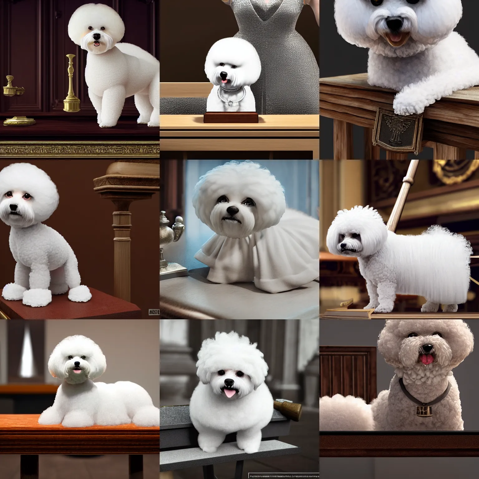 Prompt: a closeup photorealistic illustration of a bichon frise wearing a justice gown and pounding a gavel at her bench. this 4 k hd image is trending on artstation, featured on behance, well - rendered, extra crisp, features intricate detail and the style of unreal engine.