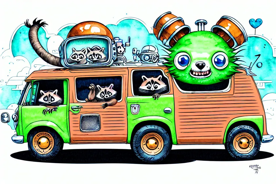 Prompt: cute and funny, racoon wearing a helmet riding in a mystery machine van, ratfink style by ed roth, centered award winning watercolor pen illustration, isometric illustration by chihiro iwasaki, edited by range murata, tiny details by artgerm and watercolor girl, symmetrically isometrically centered, sharply focused