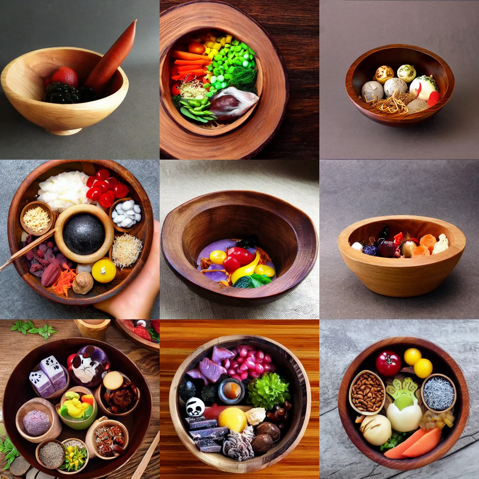 Prompt: wooden bowl filled with food, fantasy art, fantasy, anime magic, fantastic ingredients