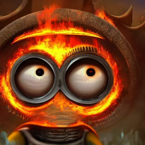 Prompt: Minion with many eyes, surrounded by a halo of eyes. Background is a wheel of fire covered in eyes, within a wheel of fire covered in eyes. Trending on artstation, deviantart, HQ, HD, 4k