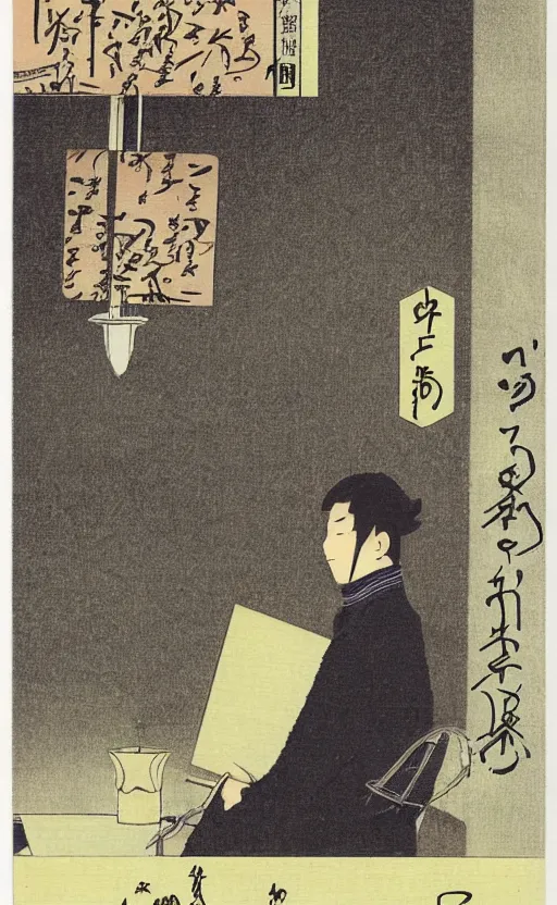 Prompt: by akio watanabe, manga art, a male calligrapher writing next to a lamp, trading card front, winter season, realistic anatomy