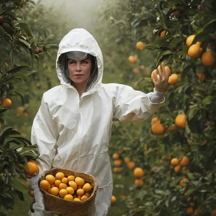 Image similar to a closeup portrait of a woman wearing a hazmat suit, picking oranges from a tree in an orchard, foggy, moody, photograph, by vincent desiderio, canon eos c 3 0 0, ƒ 1. 8, 3 5 mm, 8 k, medium - format print