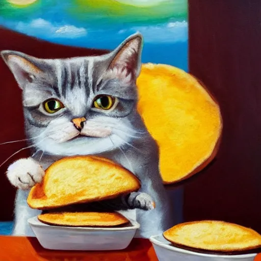 Image similar to A cute cat eating a Venezuelan arepa in the sun, detailed oil painting 4k