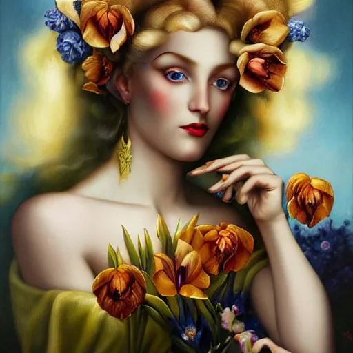 Image similar to dynamic composition, blonde woman with hair of irises and spring flowers wearing ornate earrings, ornate gilded details, a surrealist painting by tom bagshaw and jacek yerga and tamara de lempicka and jesse king, wiccan, pre - raphaelite, featured on cgsociety, pop surrealism, surrealist, dramatic lighting