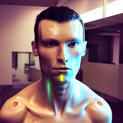 Image similar to “a realistic detailed photo of a guy who is an attractive humanoid who is half robot and half humanoid, who is a male android, Coach Shawn Flaherty, shiny skin, posing like a statue, blank stare, different eye colors, on display, sparks coming out from his body”