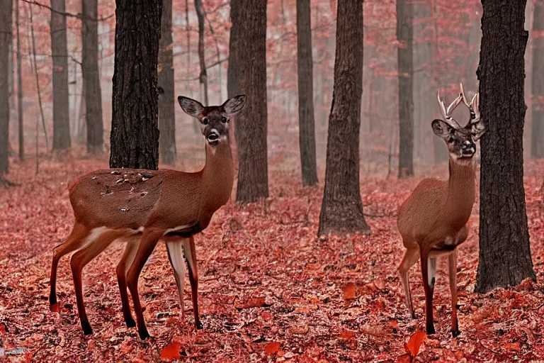 Prompt: a national geographic photo of deer that red color in forest, f 2,0, telephoto