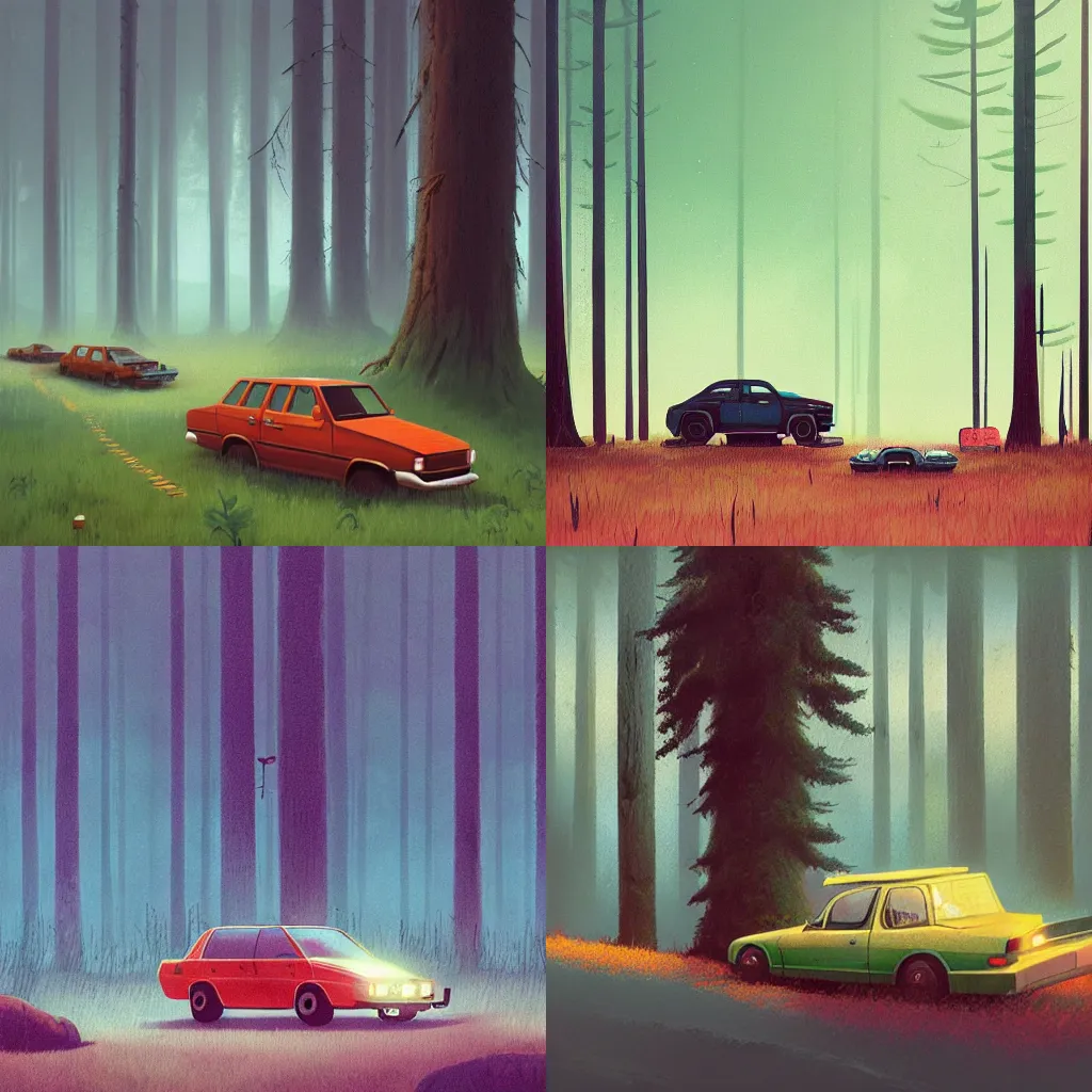 Prompt: A car in the middle of the forest by Simon Stålenhag