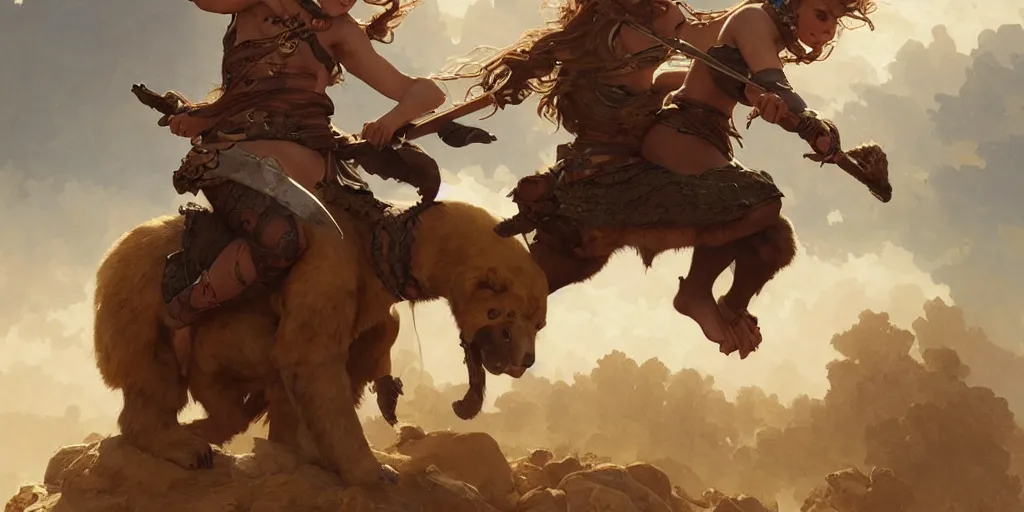 Prompt: portrait of a single barbarian princess riding a bear into battle, intricate, elegant, highly detailed, digital painting, artstation, concept art, smooth, sharp focus, illustration, art by artgerm and greg rutkowski and alphonse mucha and william - adolphe bouguereau